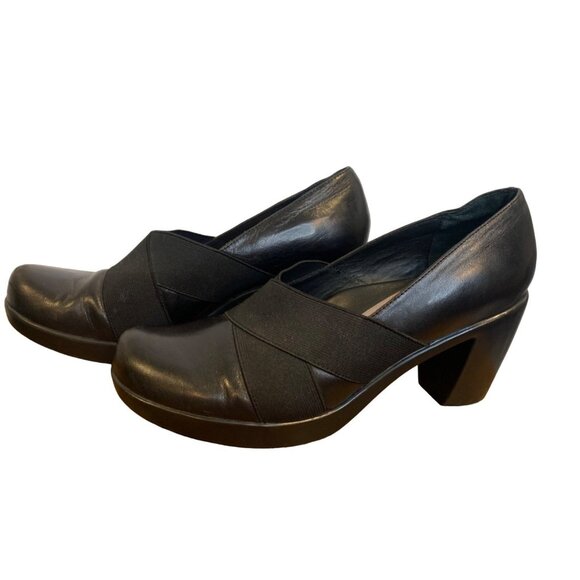 Dankso Tori Nappa Leather Pumps Size 39 Black Block Heel Comfort Shoes Elastic - Picture 1 of 7